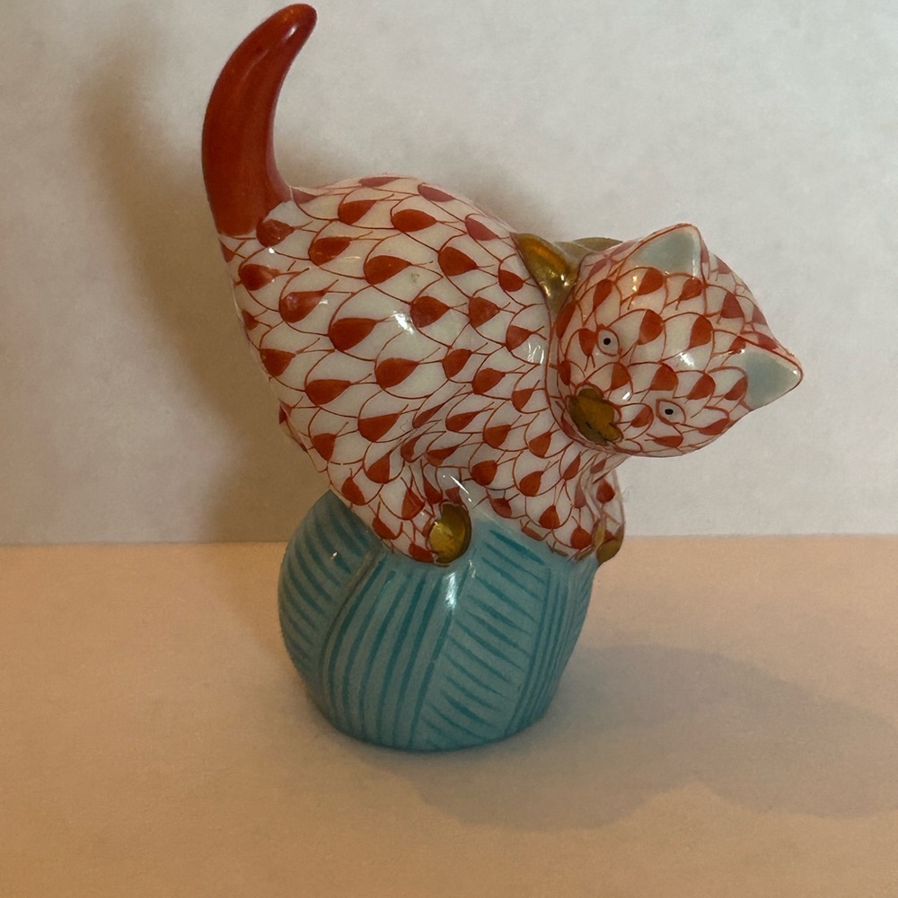 Herend Rust and White Cat Figurine on Blue Yarn Ball
